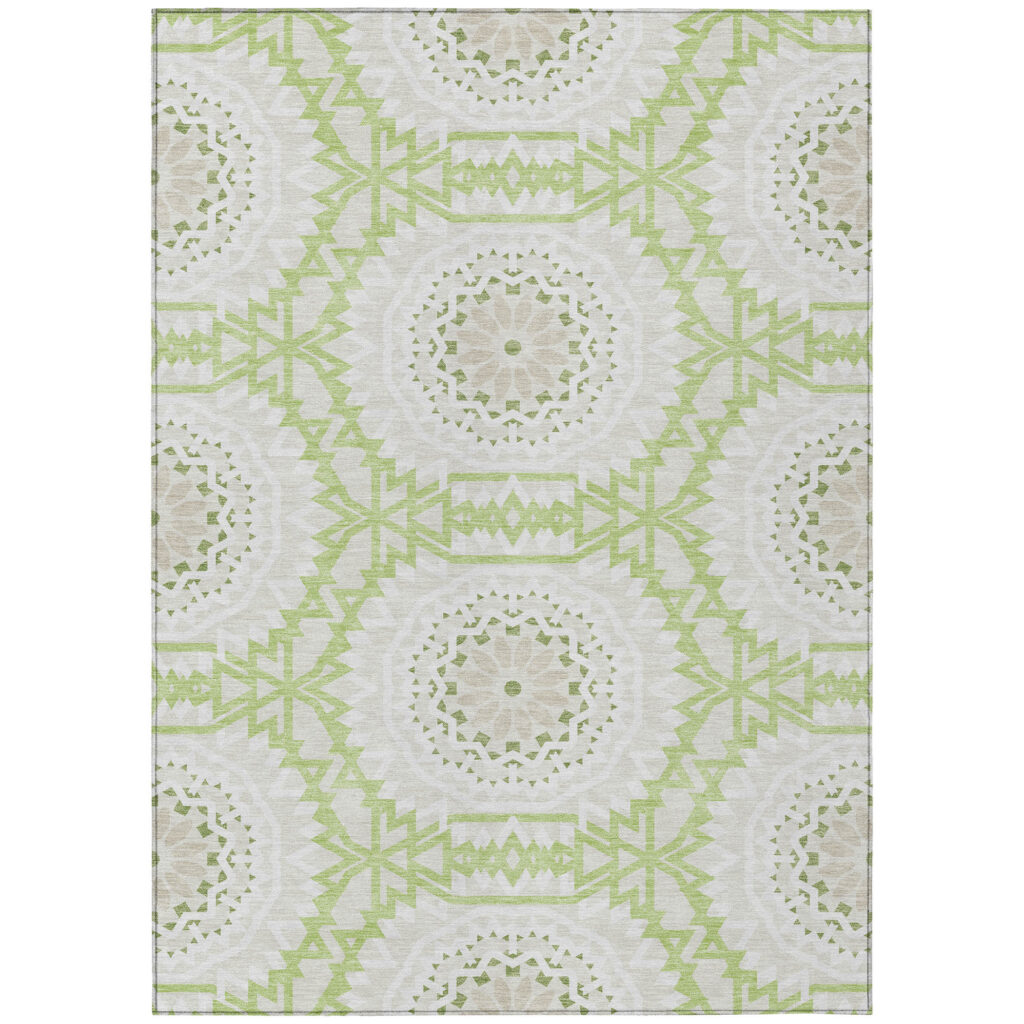 9' X 12' Artichoke Green Olive Green And Tan Floral Medallion Washable Indoor Outdoor Area Rug