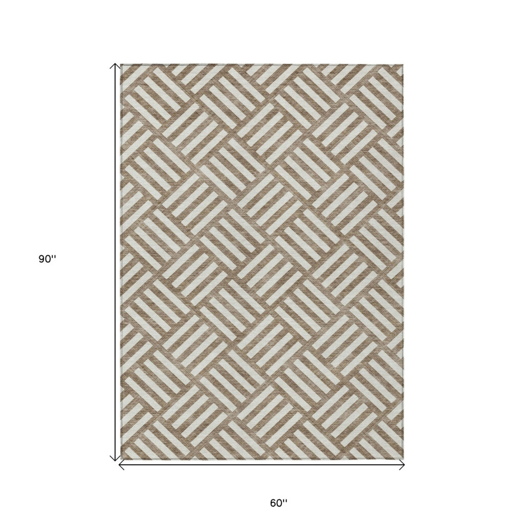 5' X 8' Brown And Ivory Geometric Washable Indoor Outdoor Area Rug