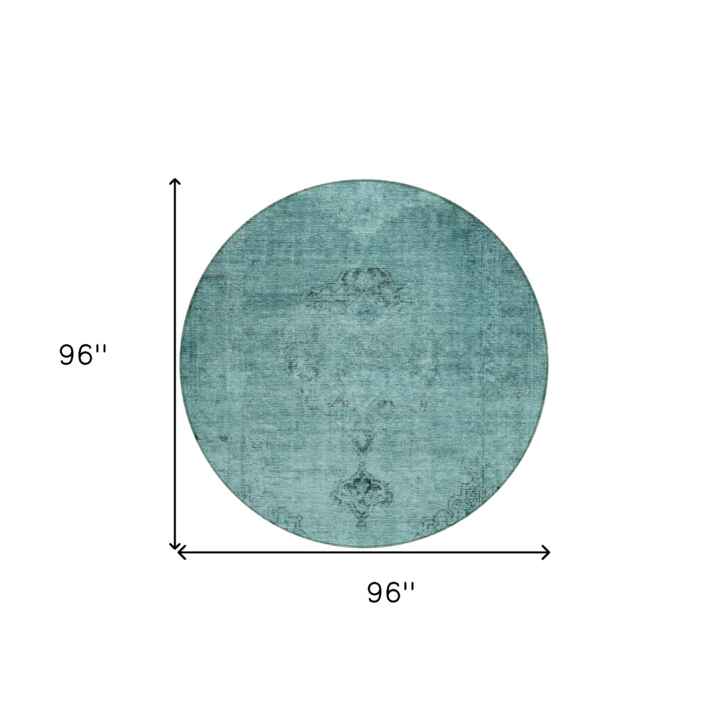 8' Teal Blue Turquoise And Charcoal Round Oriental Washable Indoor Outdoor Area Rug