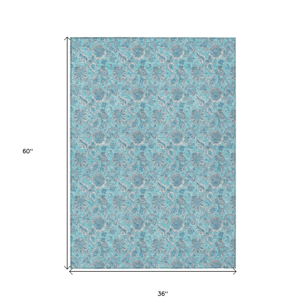 3' X 5' Aqua Blue And Silver Floral Washable Indoor Outdoor Area Rug