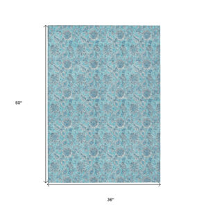 3' X 5' Aqua Blue And Silver Floral Washable Indoor Outdoor Area Rug