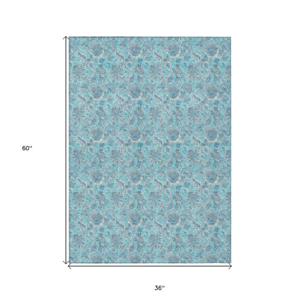 3' X 5' Aqua Blue And Silver Floral Washable Indoor Outdoor Area Rug