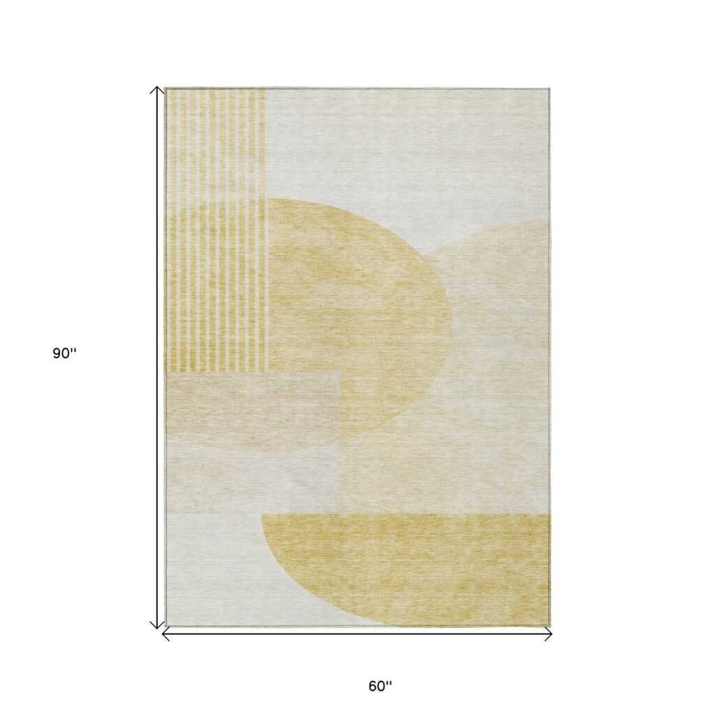 5' X 8' Gold Wheat And Ivory Geometric Washable Indoor Outdoor Area Rug