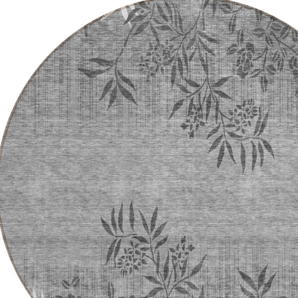 8' Gray Charcoal And Ivory Round Floral Washable Indoor Outdoor Area Rug