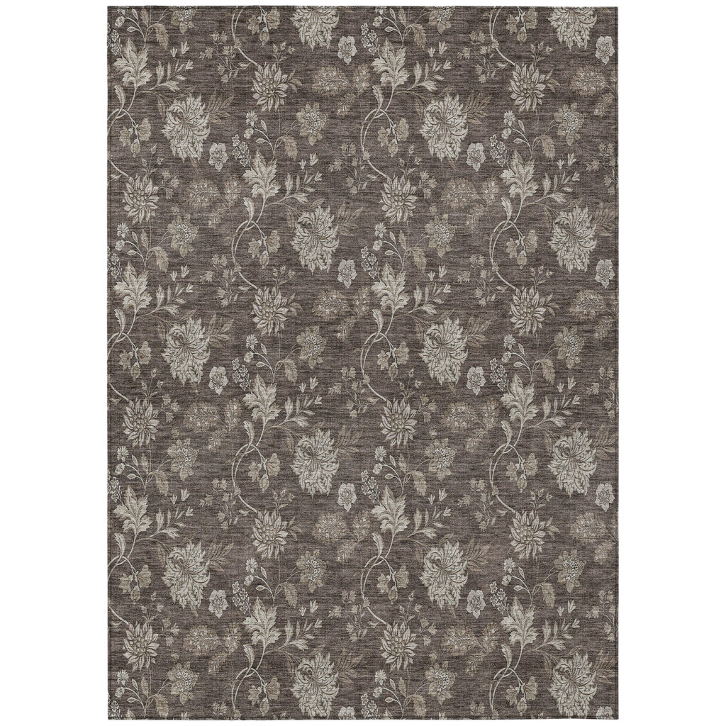 5' X 8' Chocolate Beige And Taupe Floral Washable Indoor Outdoor Area Rug