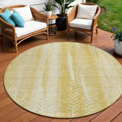 8' Gold Wheat And Ivory Round Botanical Leaves Washable Indoor Outdoor Area Rug