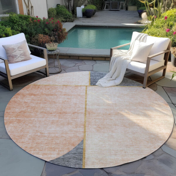 8' Coral Peach And Gray Round Abstract Washable Indoor Outdoor Area Rug