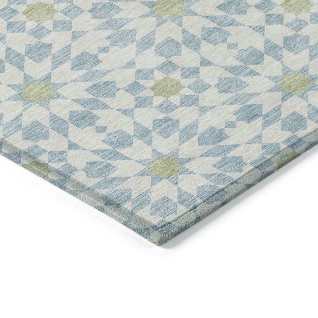 9' X 12' Sky Blue Ivory And Artichoke Green Floral Medallion Washable Indoor Outdoor Area Rug