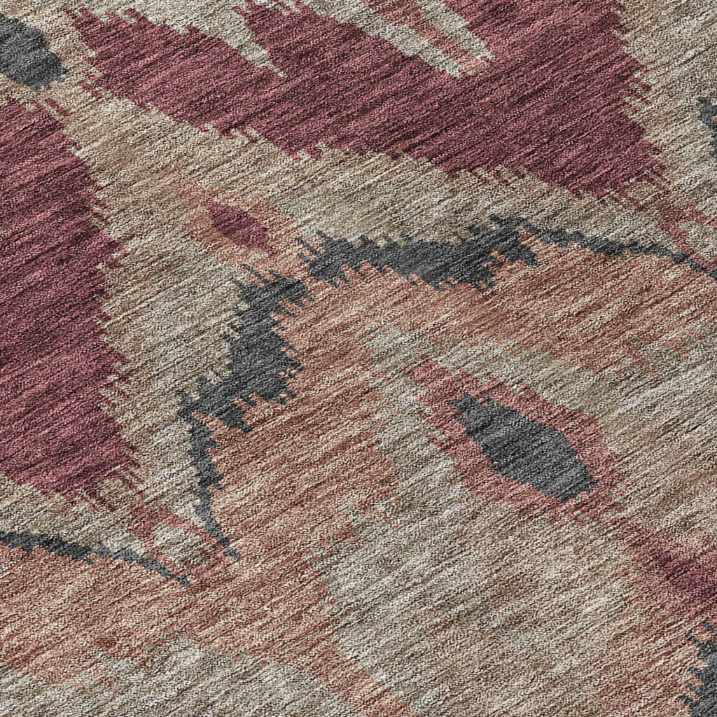 5' X 8' Burgundy Beige And Charcoal Ikat Washable Indoor Outdoor Area Rug