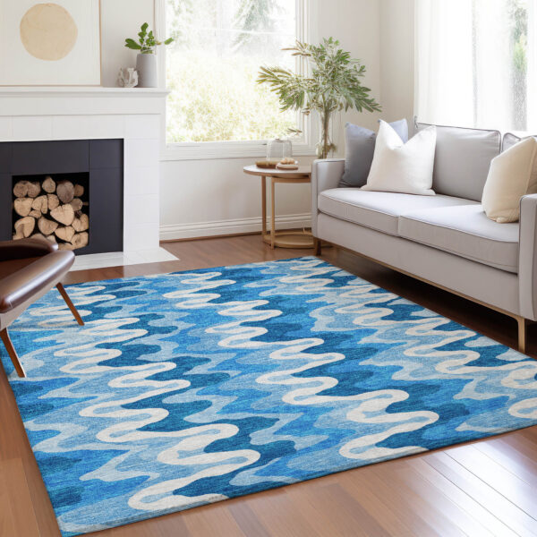 8' X 10' Sky Blue Denim Blue And Ivory Abstract Washable Indoor Outdoor Area Rug