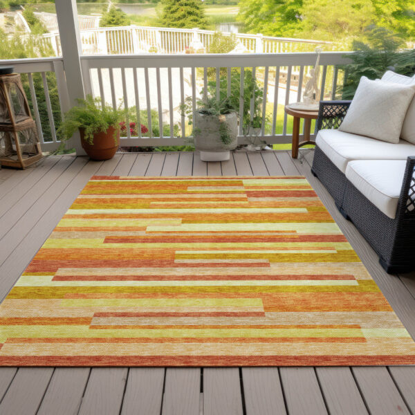 10' X 14' Orange Salmon And Lime Green Striped Washable Indoor Outdoor Area Rug