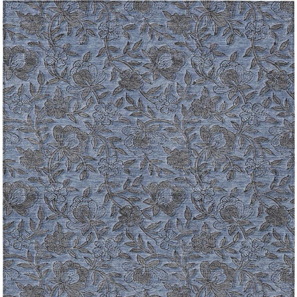 8' X 10' Blue Gray And Charcoal Floral Washable Indoor Outdoor Area Rug