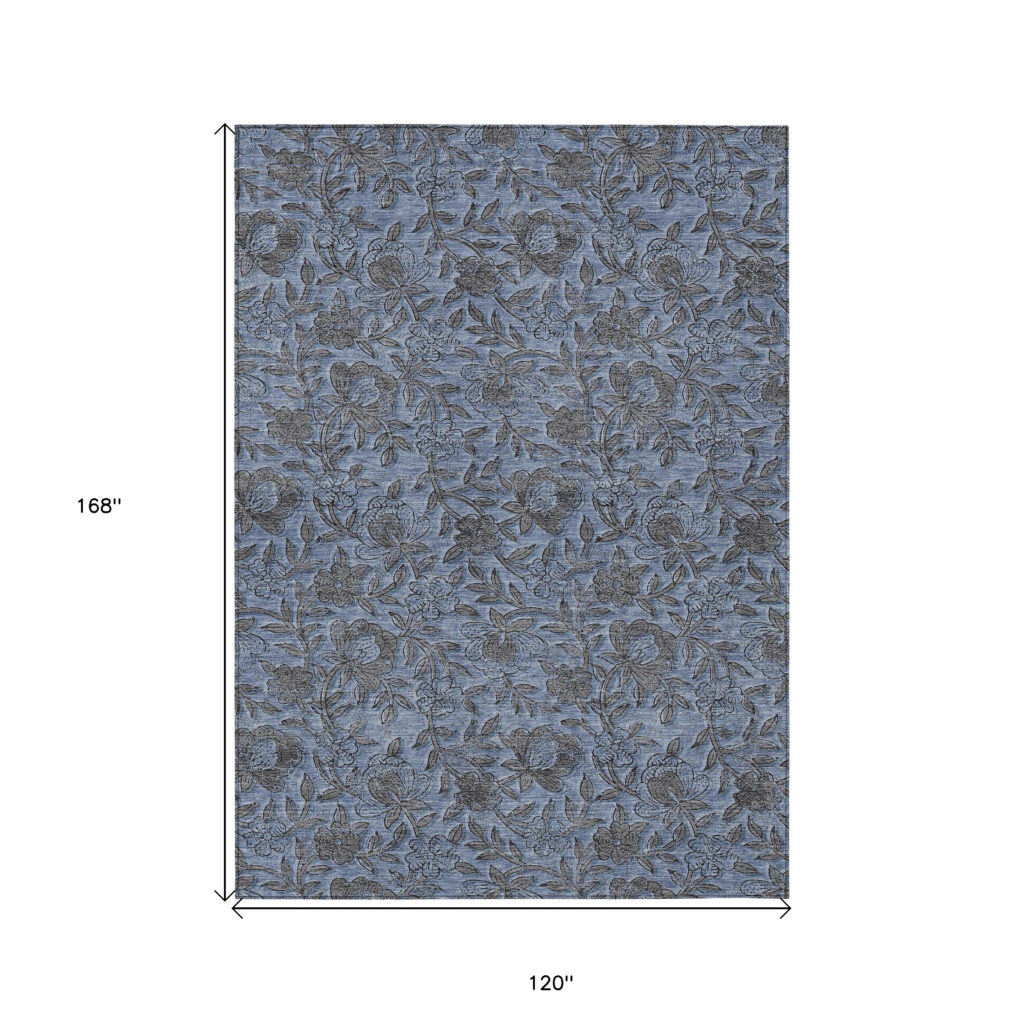 10' X 14' Blue Gray And Charcoal Floral Washable Indoor Outdoor Area Rug