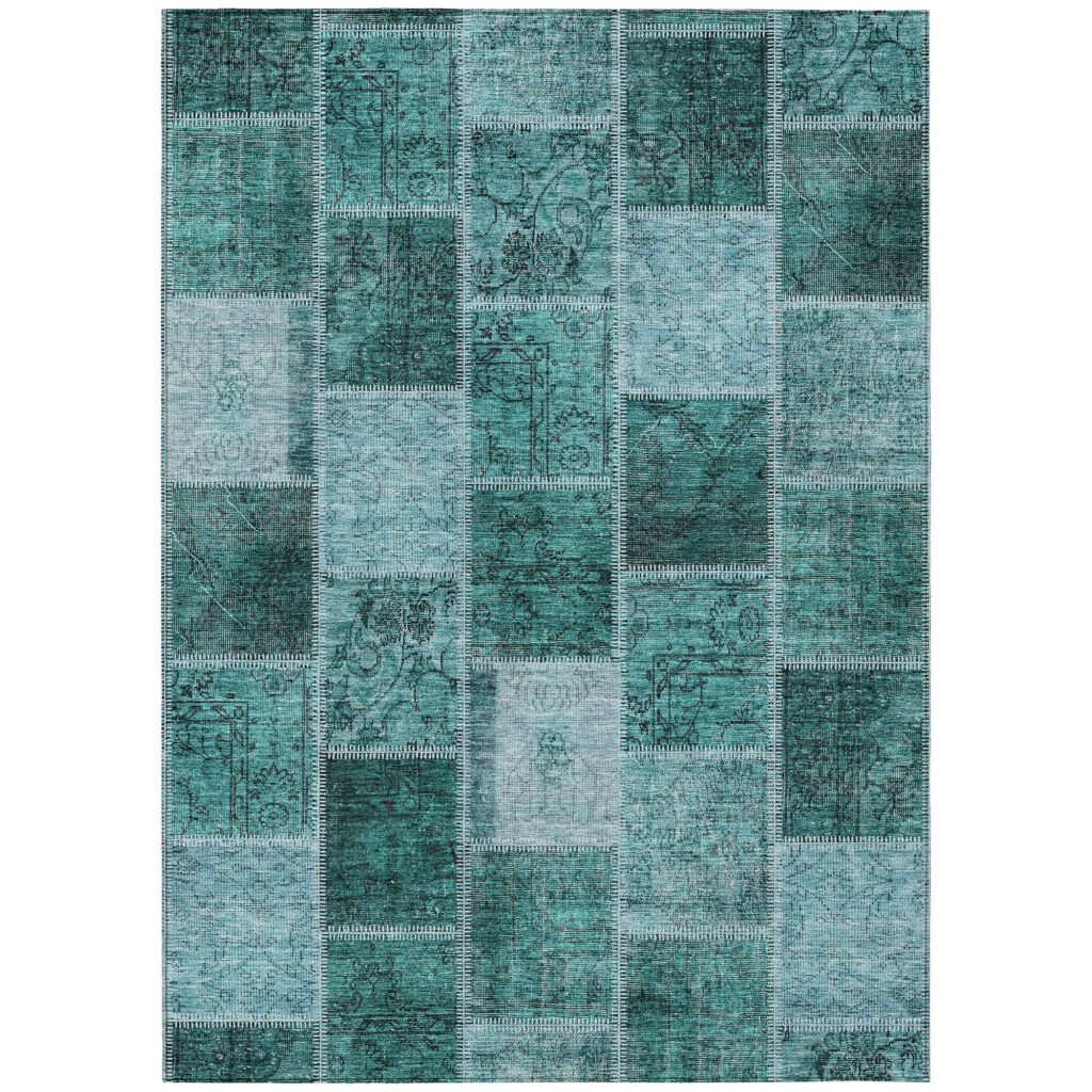 9' X 12' Teal Blue Aqua And Charcoal Patchwork Washable Indoor Outdoor Area Rug