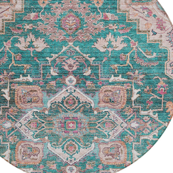 8' Emerald Teal Blue And Beige Round Oriental Washable Indoor Outdoor Area Rug