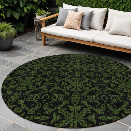 8' Olive Green And Green Round Medallion Washable Indoor Outdoor Area Rug