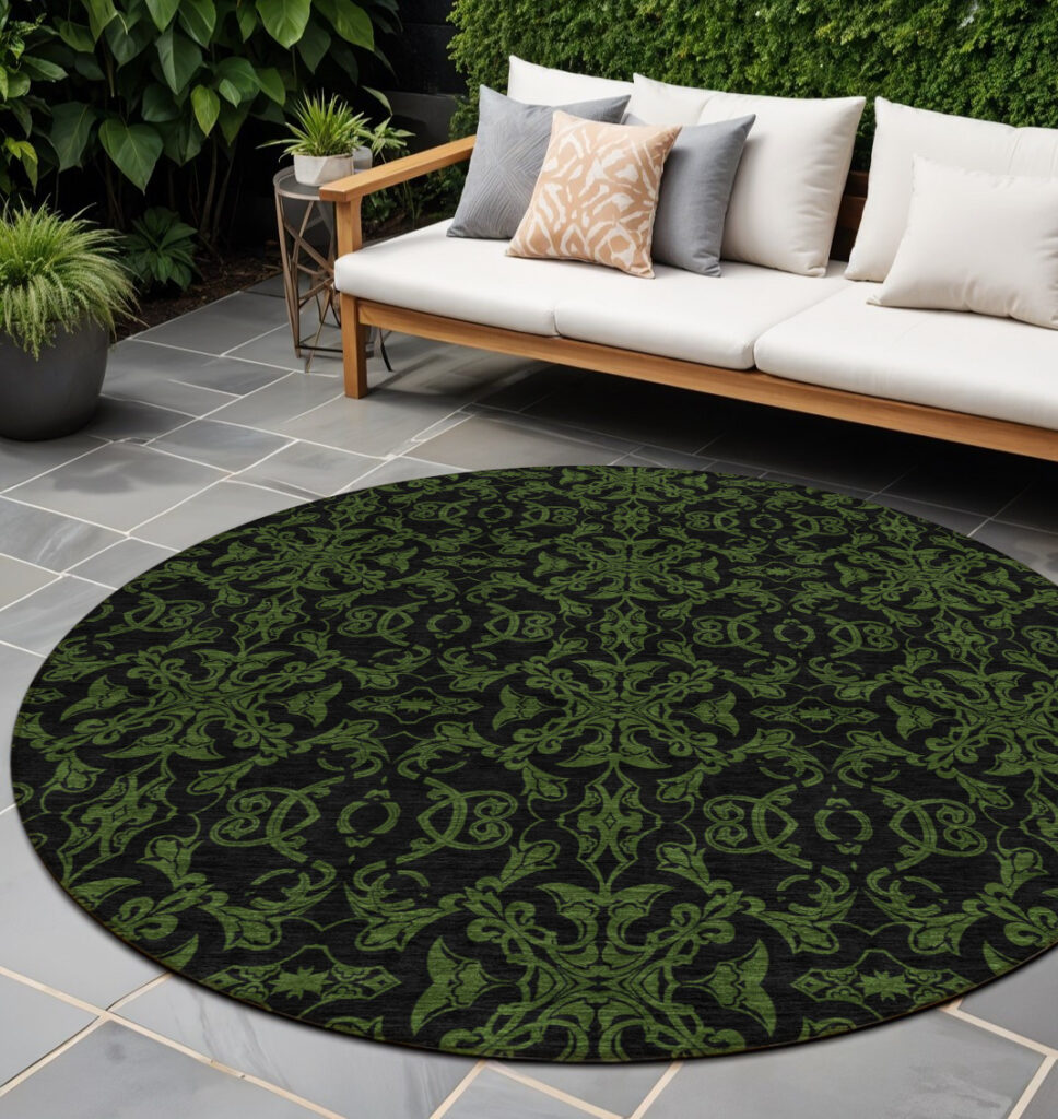 8' Olive Green And Green Round Medallion Washable Indoor Outdoor Area Rug