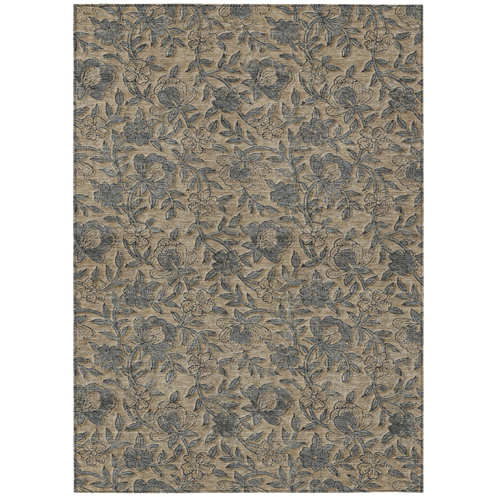 10' X 14' Khaki Beige And Gray Floral Washable Indoor Outdoor Area Rug