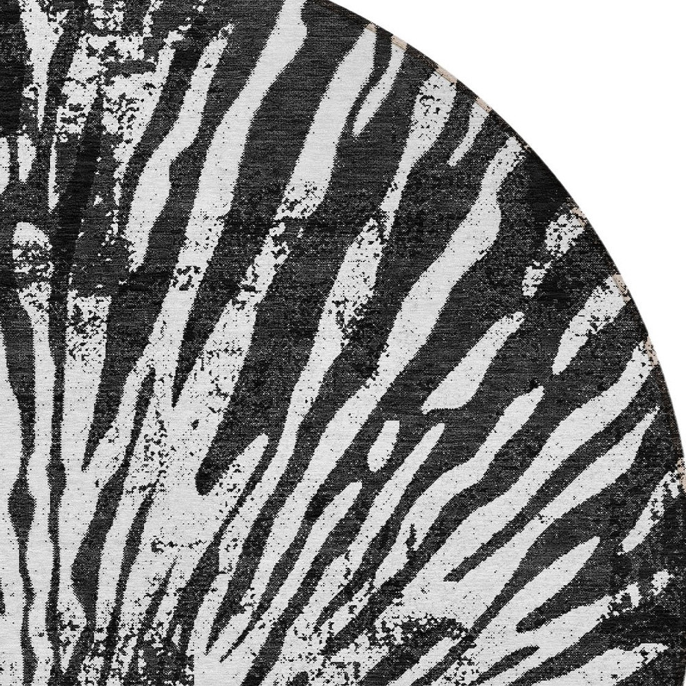 8' Black Charcoal And Ivory Round Abstract Washable Indoor Outdoor Area Rug