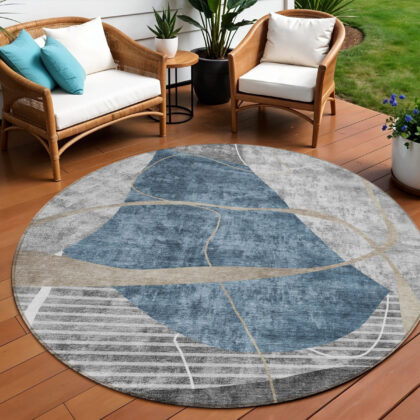 8' Blue Gray And Charcoal Round Abstract Washable Indoor Outdoor Area Rug