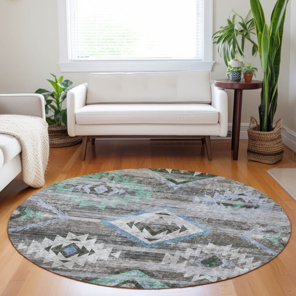 8' Brown Beige And Blue Round Southwestern Washable Indoor Outdoor Area Rug