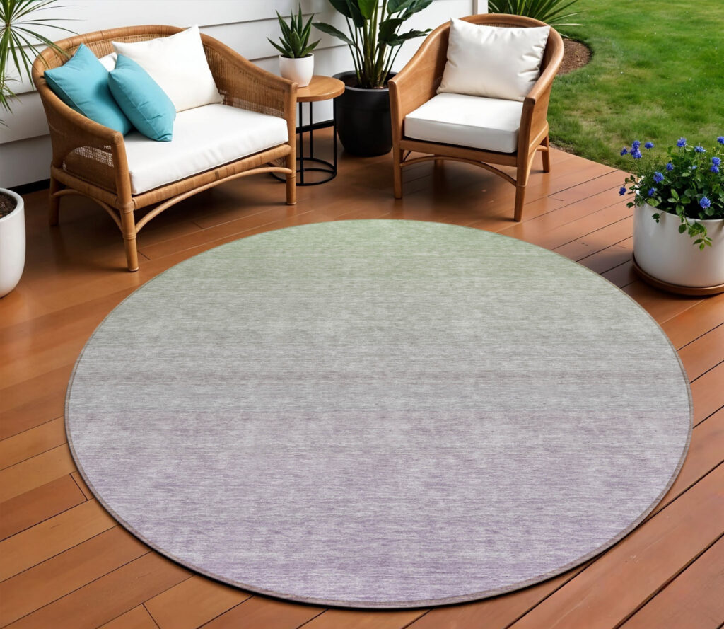 8' Artichoke Green And Lavender Round Ombre Washable Indoor Outdoor Area Rug