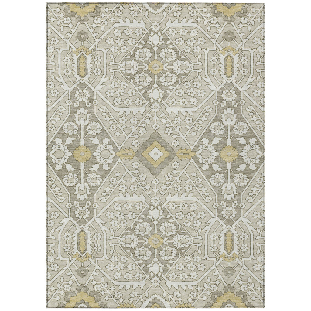 10' X 14' Ivory Beige And Gold Floral Washable Indoor Outdoor Area Rug