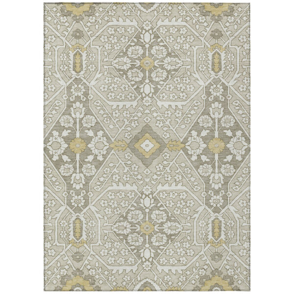 10' X 14' Ivory Beige And Gold Floral Washable Indoor Outdoor Area Rug