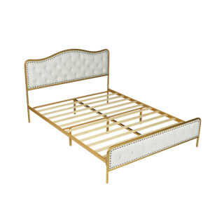 Gold and Beige Metal And Tufted Upholstery Queen Bed Frame with Nailhead Trim