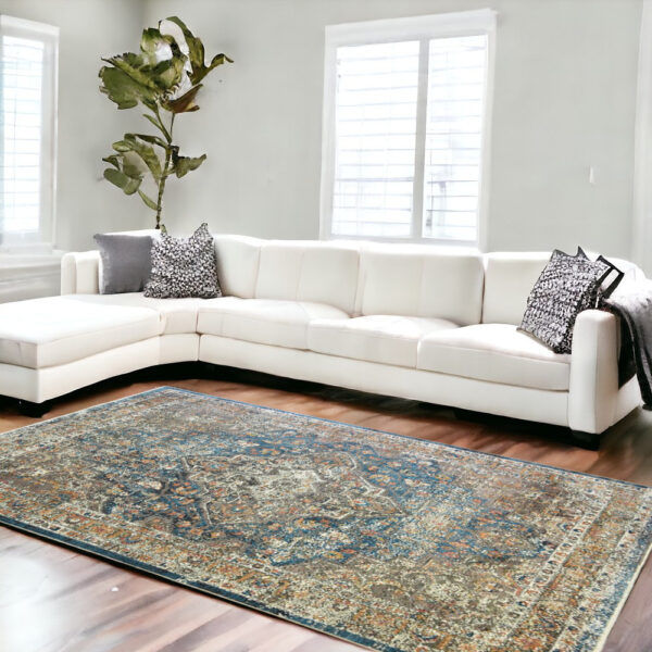 9' X 13' Blue and Brown Oriental Distressed Area Rug With Fringe