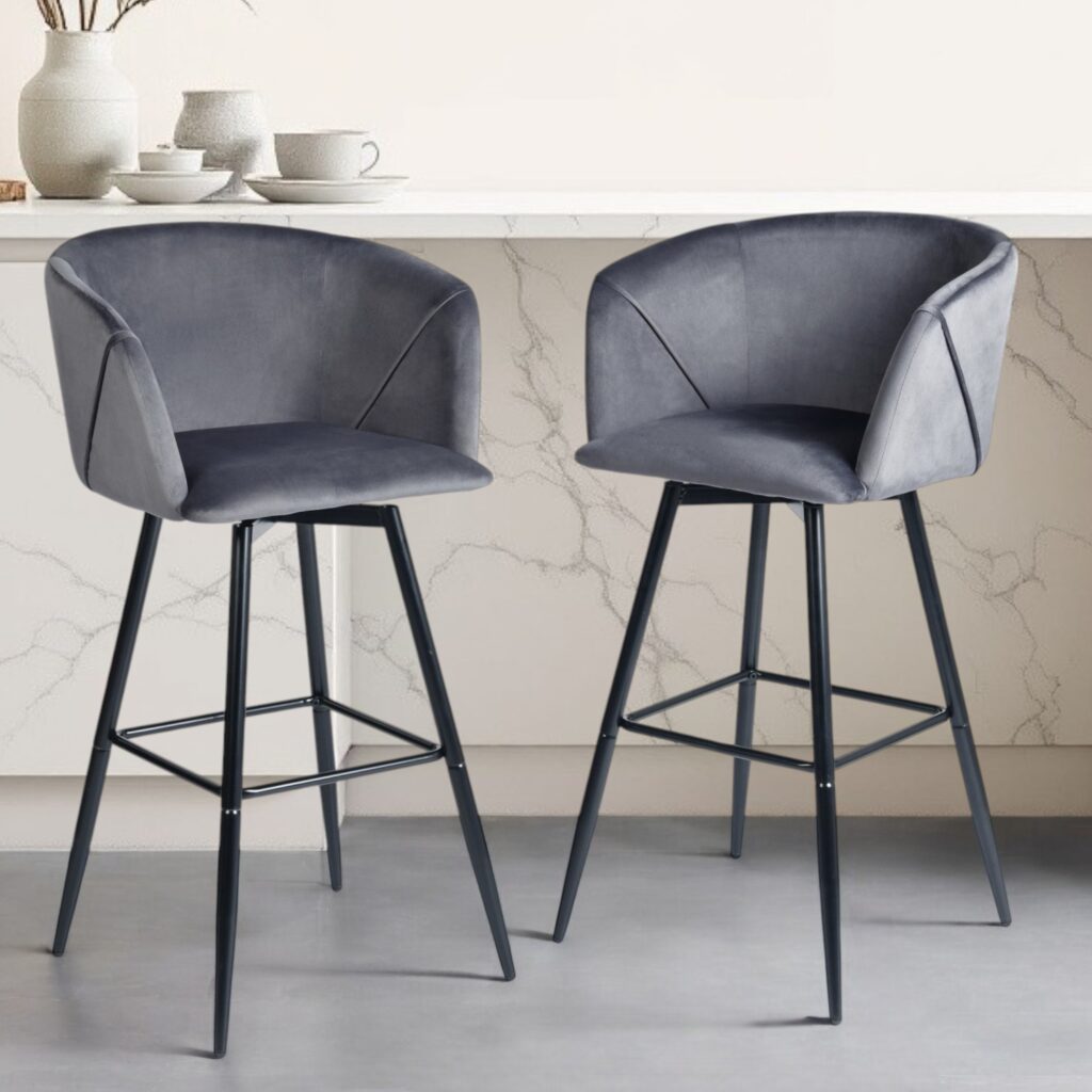 Set of Two 28" Gray And Black Velvet And Steel Low Back Bar Height Bar Chairs