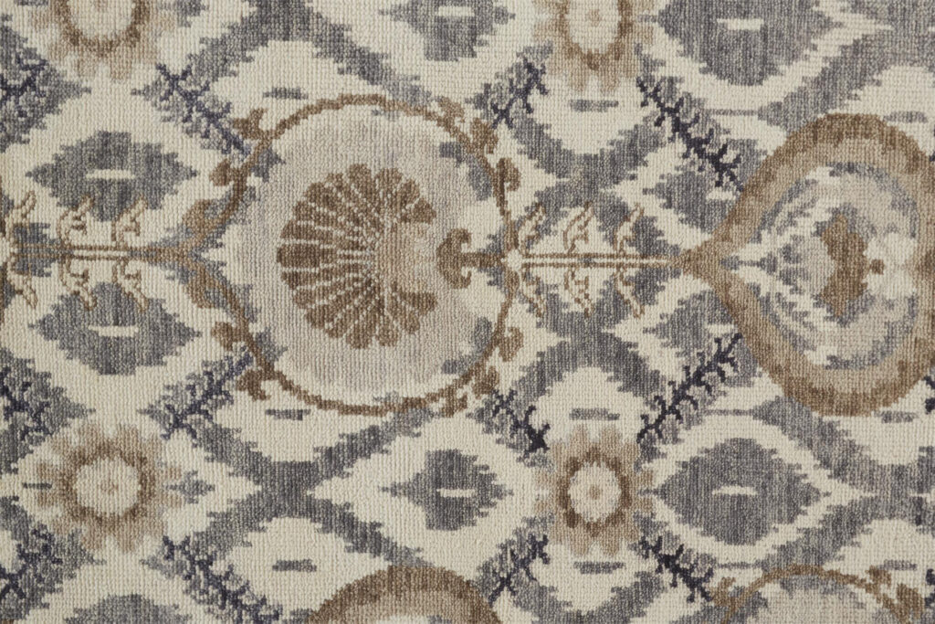 8' Ivory Gray And Taupe Wool Floral Hand Knotted Stain Resistant Runner Rug