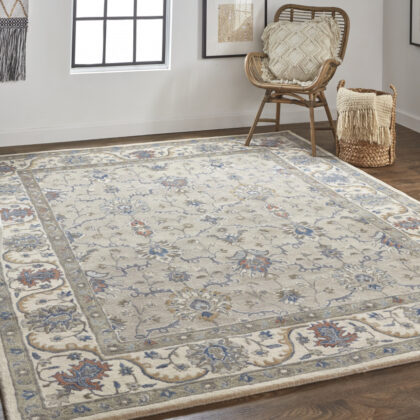 4' X 6' Taupe Ivory And Blue Wool Floral Tufted Handmade Stain Resistant Area Rug