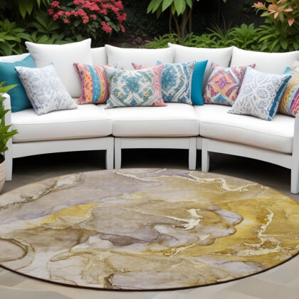8' Round Taupe Round Abstract Washable Non Skid Indoor Outdoor Area Rug