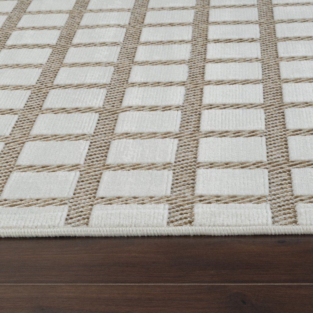 6' X 9' Cream and Beige Geometric Distressed Indoor Outdoor Area Rug