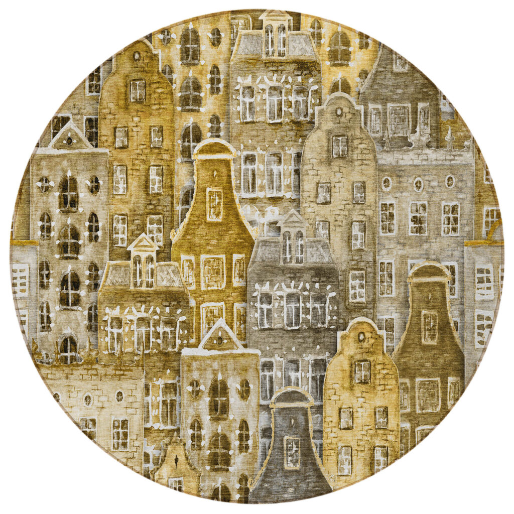 8' Brown Taupe And Gold Round Village Houses Washable Indoor Outdoor Area Rug