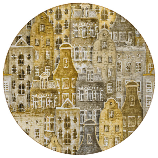 8' Brown Taupe And Gold Round Village Houses Washable Indoor Outdoor Area Rug