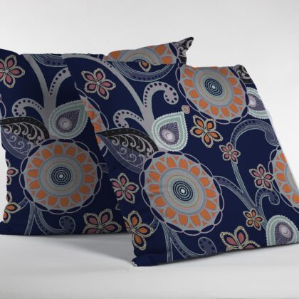 18” Indigo Orange Floral Suede Zippered Throw Pillow