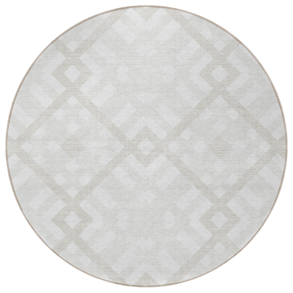 8' Ivory Beige And Tan Round Geometric Washable Indoor Outdoor Area Rug