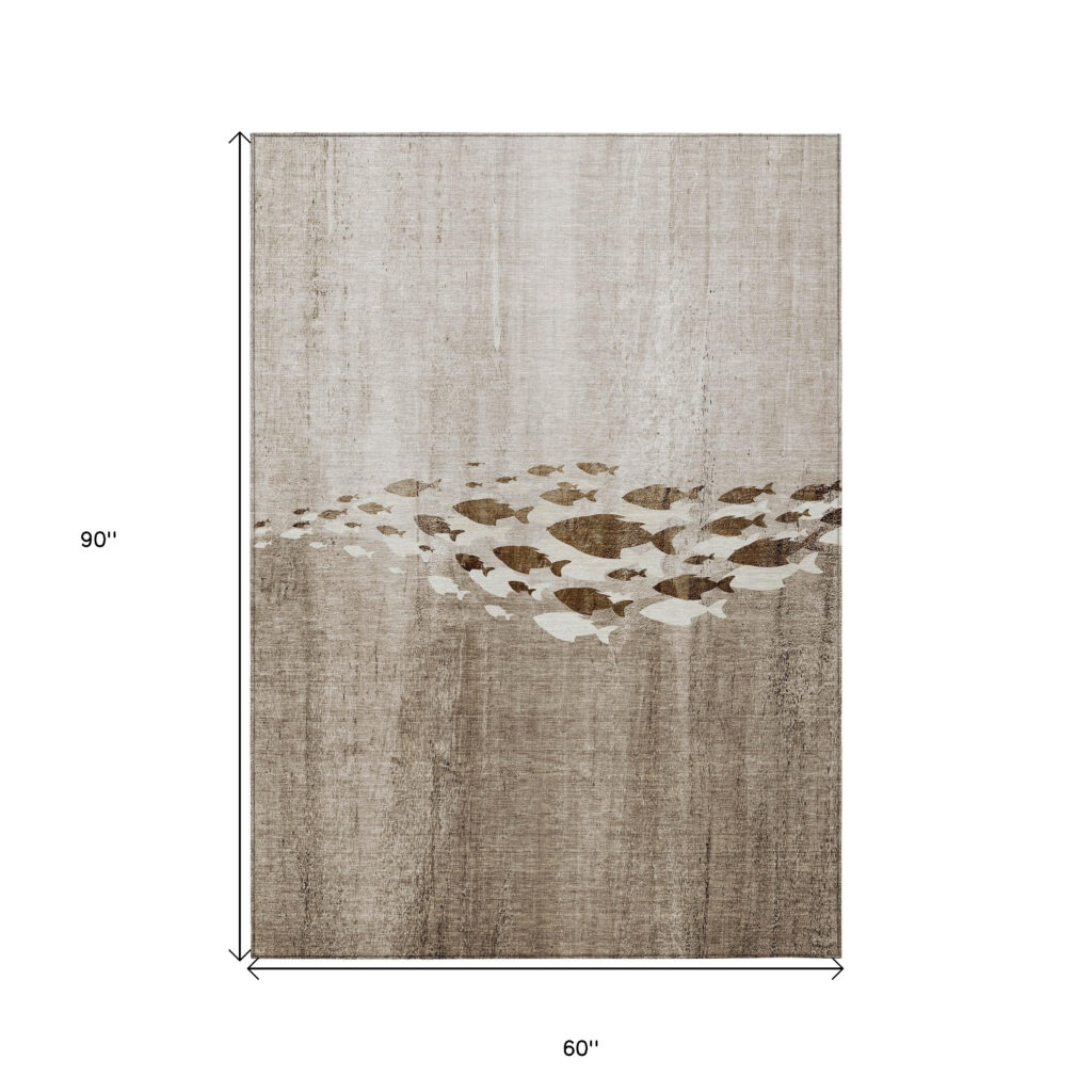 5' X 8' Taupe Brown And Khaki Nautical Washable Indoor Outdoor Area Rug