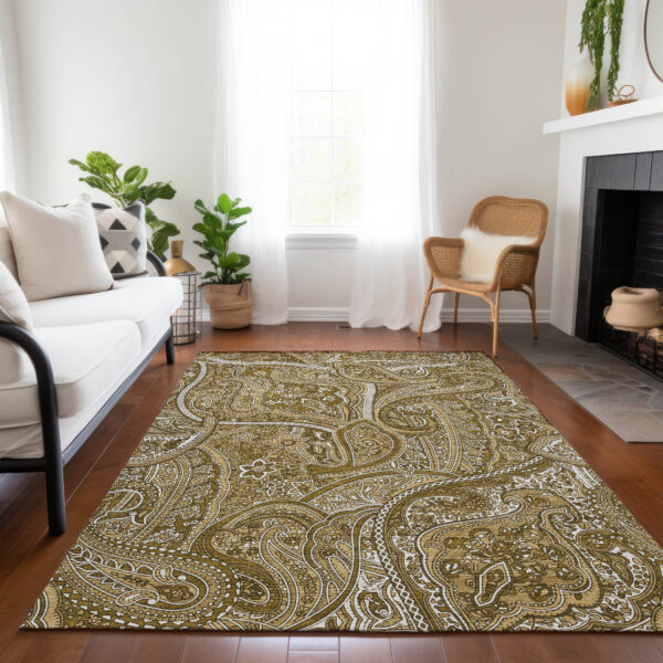 9' X 12' Brown Tan And Beige Paisley Washable Indoor Outdoor Area Rug