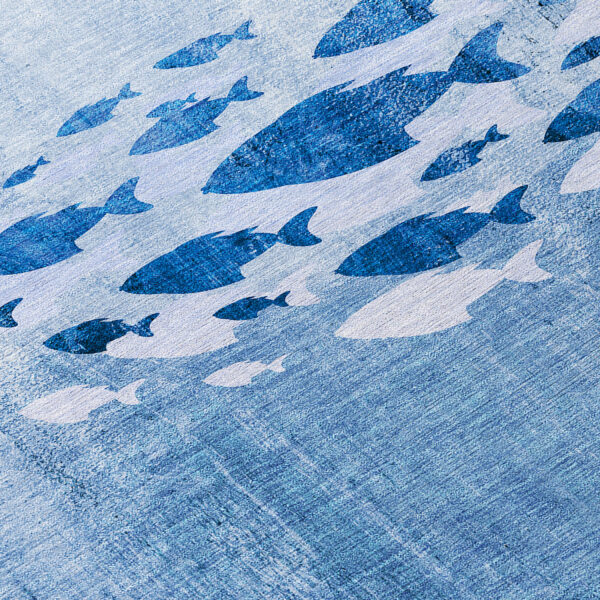 8' Sky Blue And Navy Blue Round Nautical Washable Indoor Outdoor Area Rug