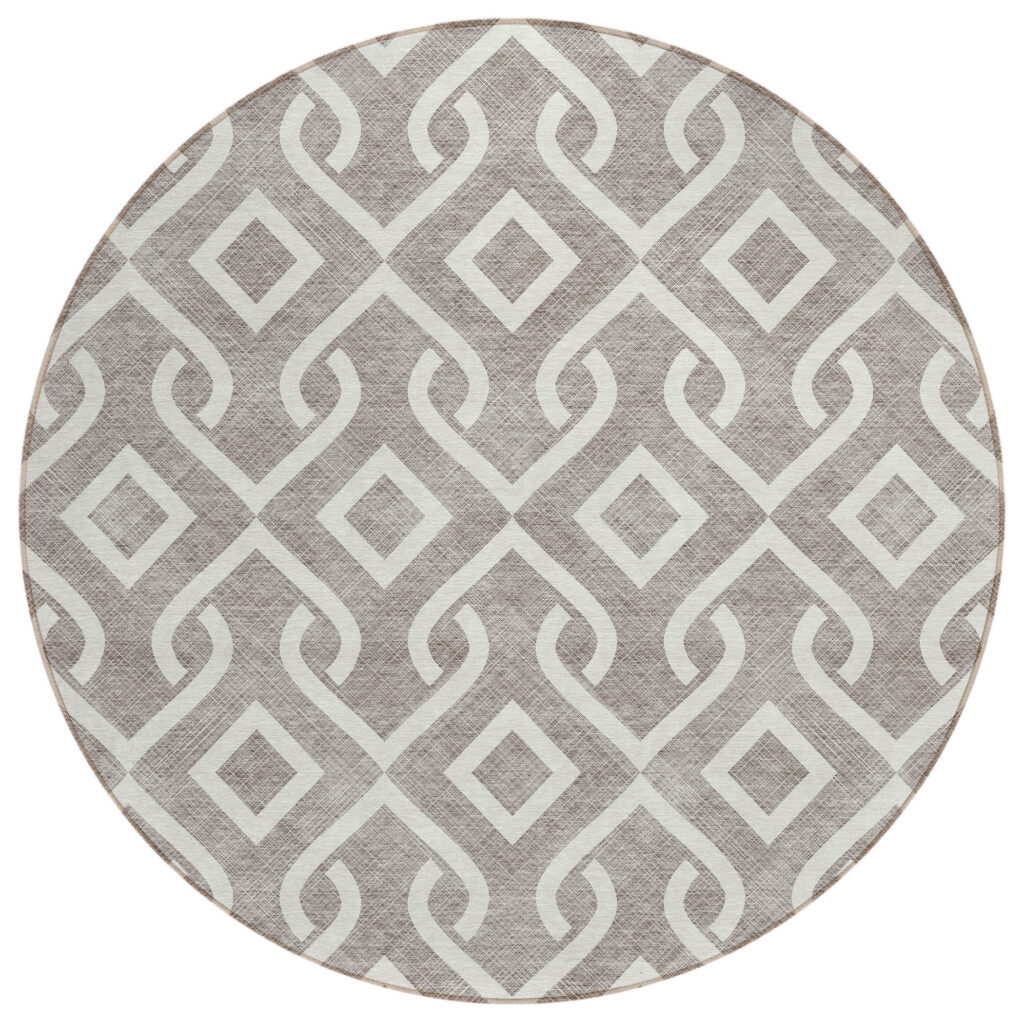 8' Taupe And Ivory Round Geometric Washable Indoor Outdoor Area Rug
