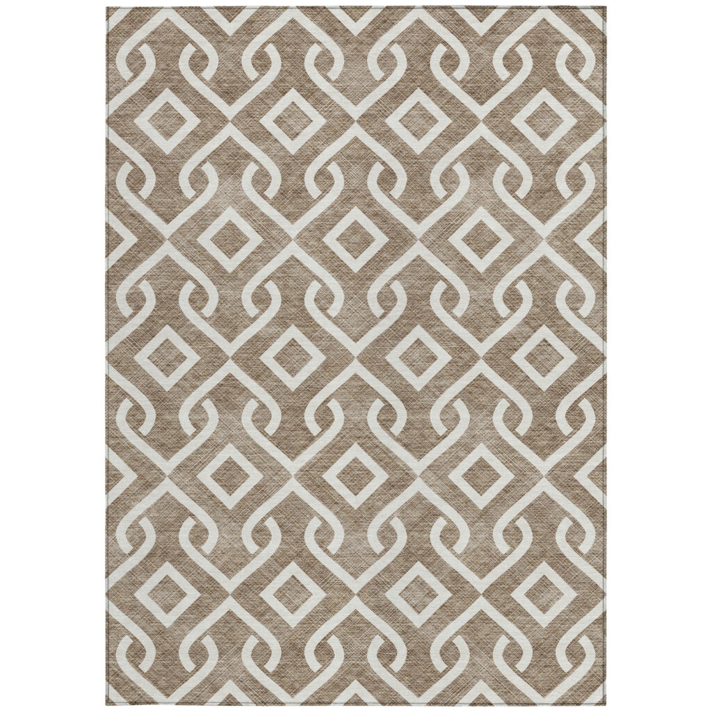 9' X 12' Brown And Ivory Geometric Washable Indoor Outdoor Area Rug