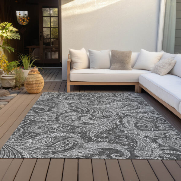 8' X 10' Gray Charcoal And Ivory Paisley Washable Indoor Outdoor Area Rug