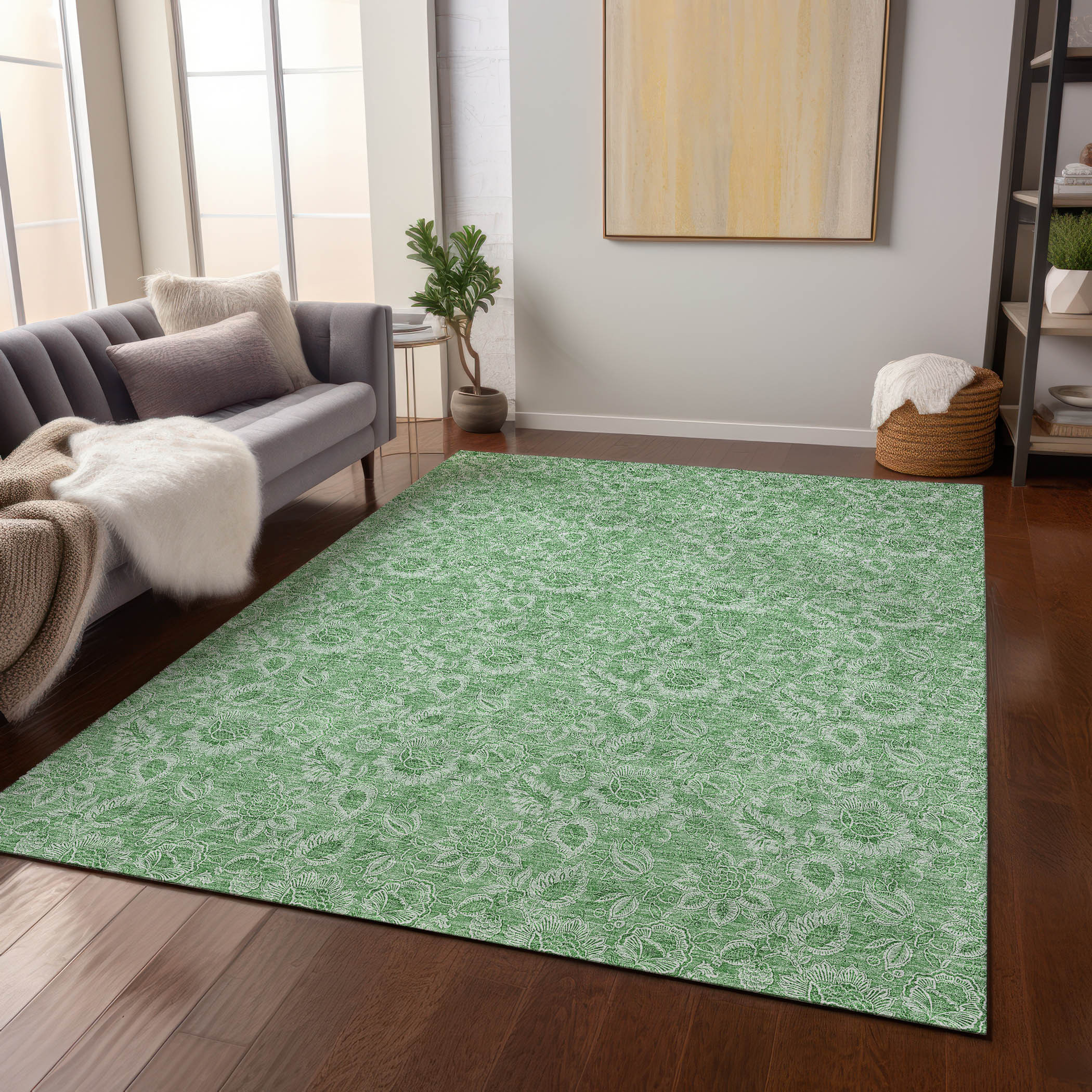3' X 5' Green And Artichoke Green Floral Washable Indoor Outdoor Area Rug