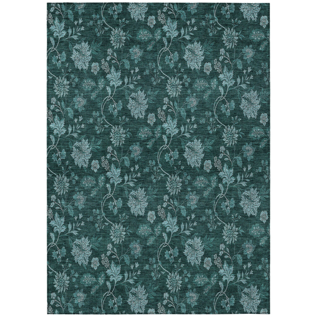 8' X 10' Teal Blue And Aqua Floral Washable Indoor Outdoor Area Rug