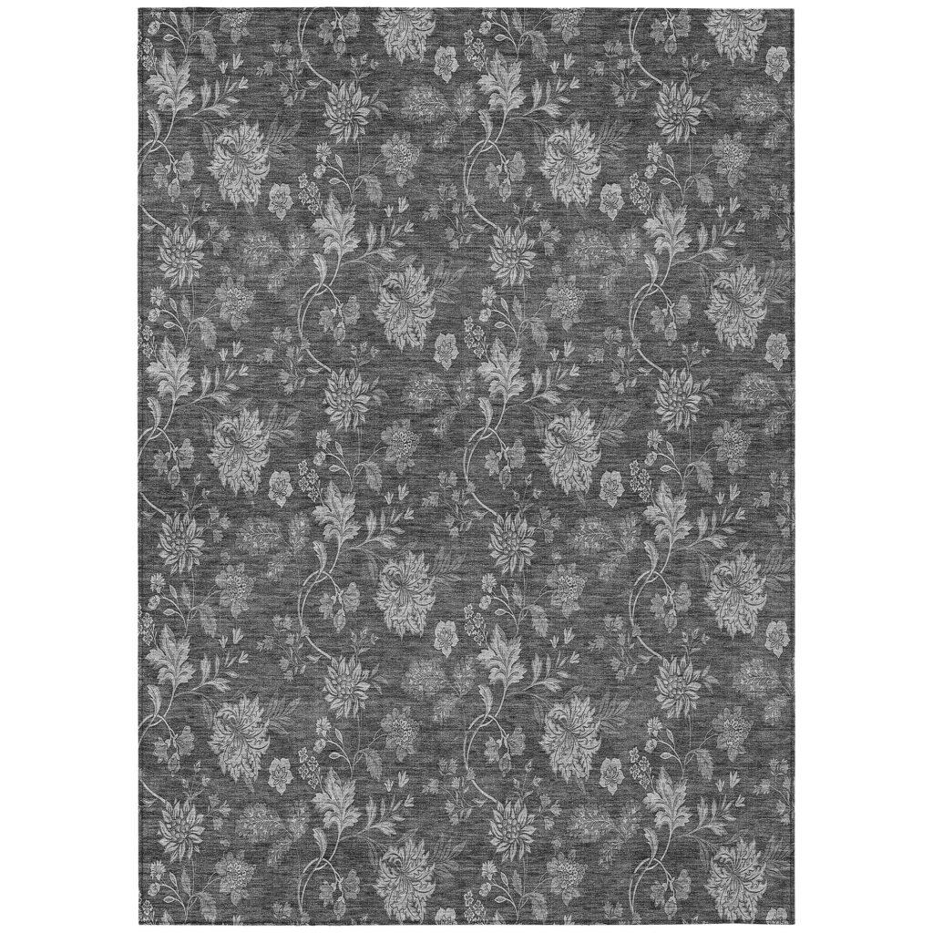 3' X 5' Gray Charcoal And Silver Floral Washable Indoor Outdoor Area Rug