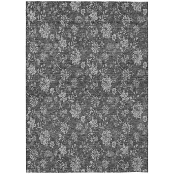 3' X 5' Gray Charcoal And Silver Floral Washable Indoor Outdoor Area Rug