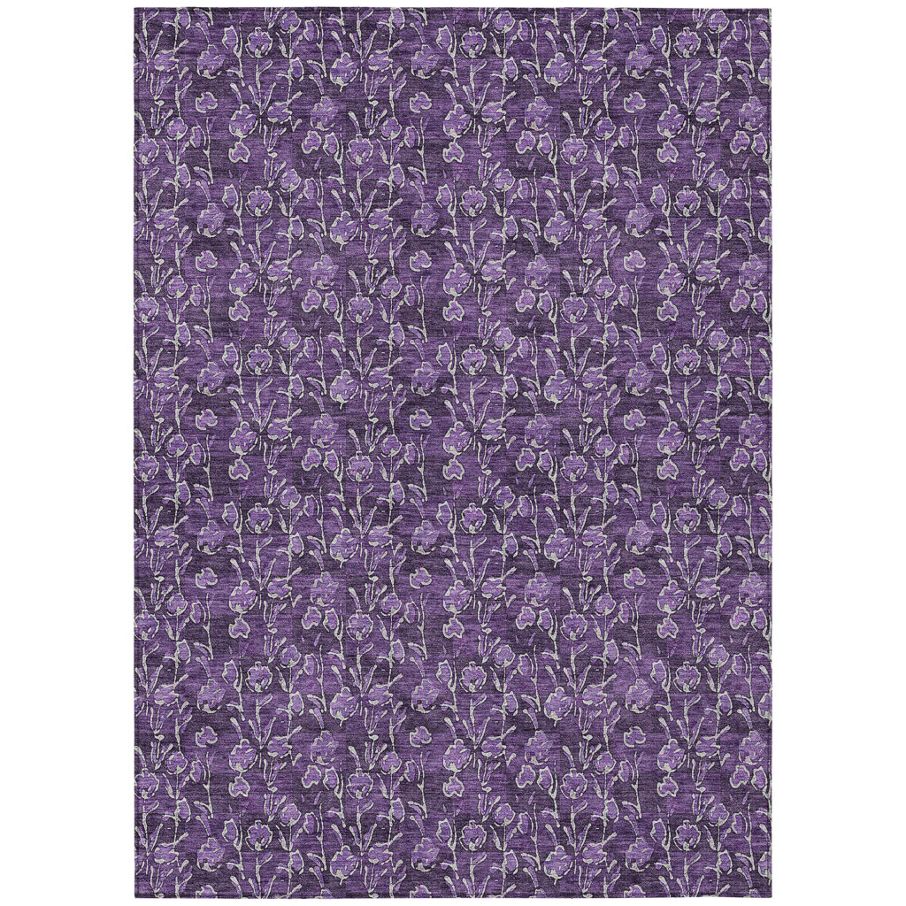 8' X 10' Purple Eggplant And Ivory Floral Washable Indoor Outdoor Area Rug